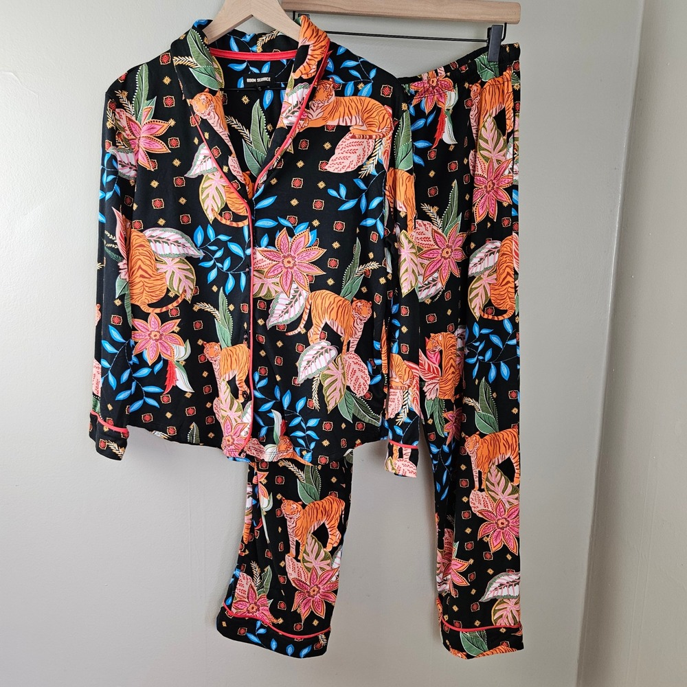 Room Service Tropical Tiger Botanical Print Jersey PJ Set Sz L Black Orange Pink